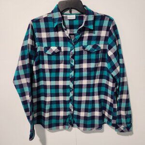 Columbia Teal/ Navy Women's Plaid Cotton Long Sleeve Button Down Shirt Top Large